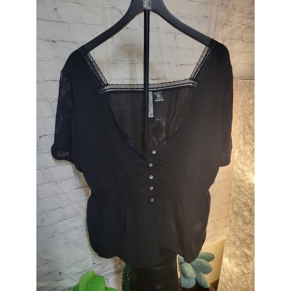 Luna Chix Black Lace Trim‎ Sheer Button Front Peplum Blouse Top Plus Size 2X NEW
